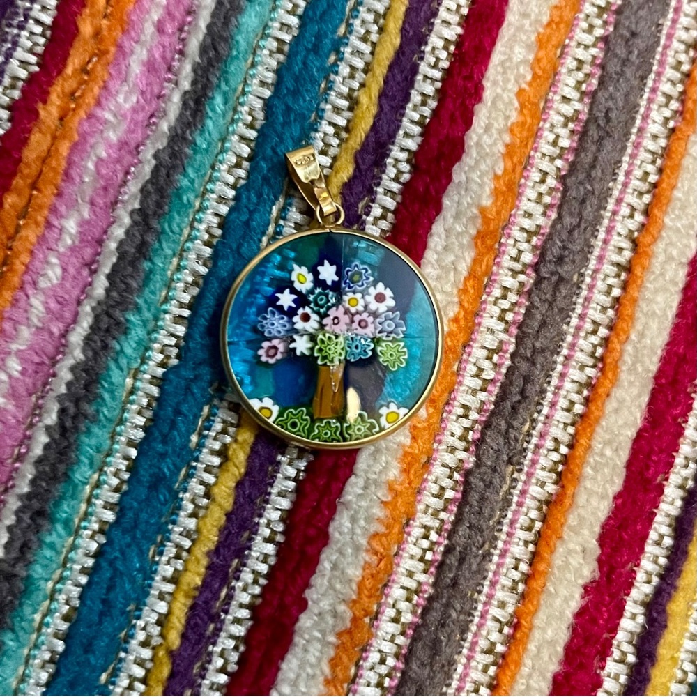 Vintage Murano Glass Tree of Life Millefiori Pendant in 18K Solid Gold Frame - Picture 3 of 8